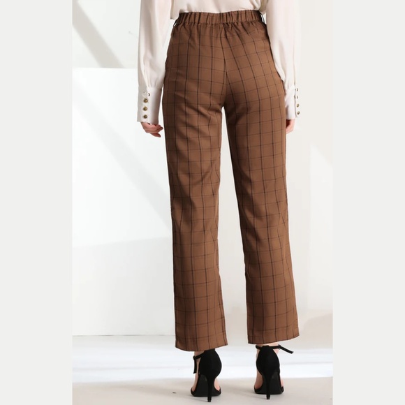 Allegra K Brown Straight Leg Pants with High Waist and Plaid Pattern - Picture 3 of 8